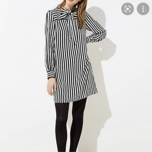 Loft black and white stripe tie neck dress
